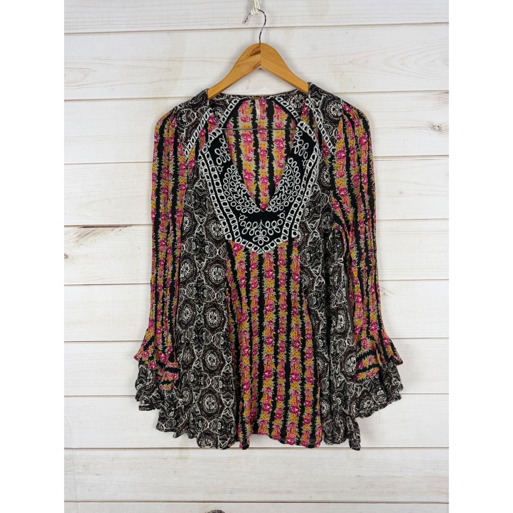 Free People Top Small Multiolor Floral Geometric Print V-Neck Bell Sleeve Tunic